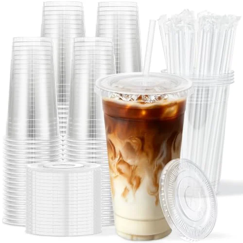Durable 50 Pack 24 oz Clear Plastic Cups with Lids and Straws Disposable 50 Count Sustainable