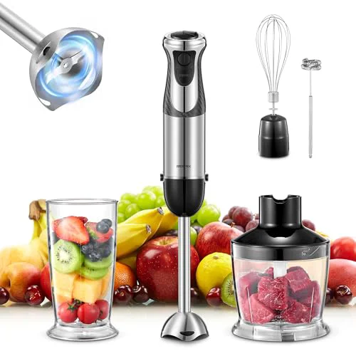 Genuine 5-in-1 Hand Immersion Blender 1000W Handheld Copper Motor Stainless Steel Blade Stick Blender Mixing Beaker Food Processor Whisk Milk Frother for Smoothies Puree Baby Food Black1 High-End