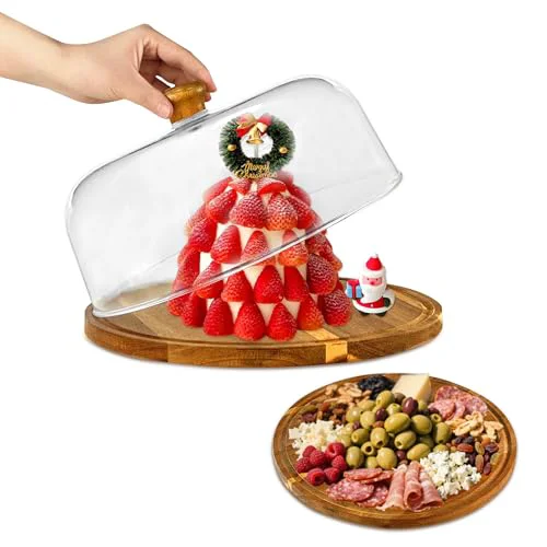Lightweight Wood-Cake-Stand With Acrylic Lid Round Acacia Cake Holder With Cover 2-in-1 Cake Plate with Dome Dessert Table Display Set For Party Charcuterie Board For Cheese Chips Dips Nachos Fruit Platter Secure