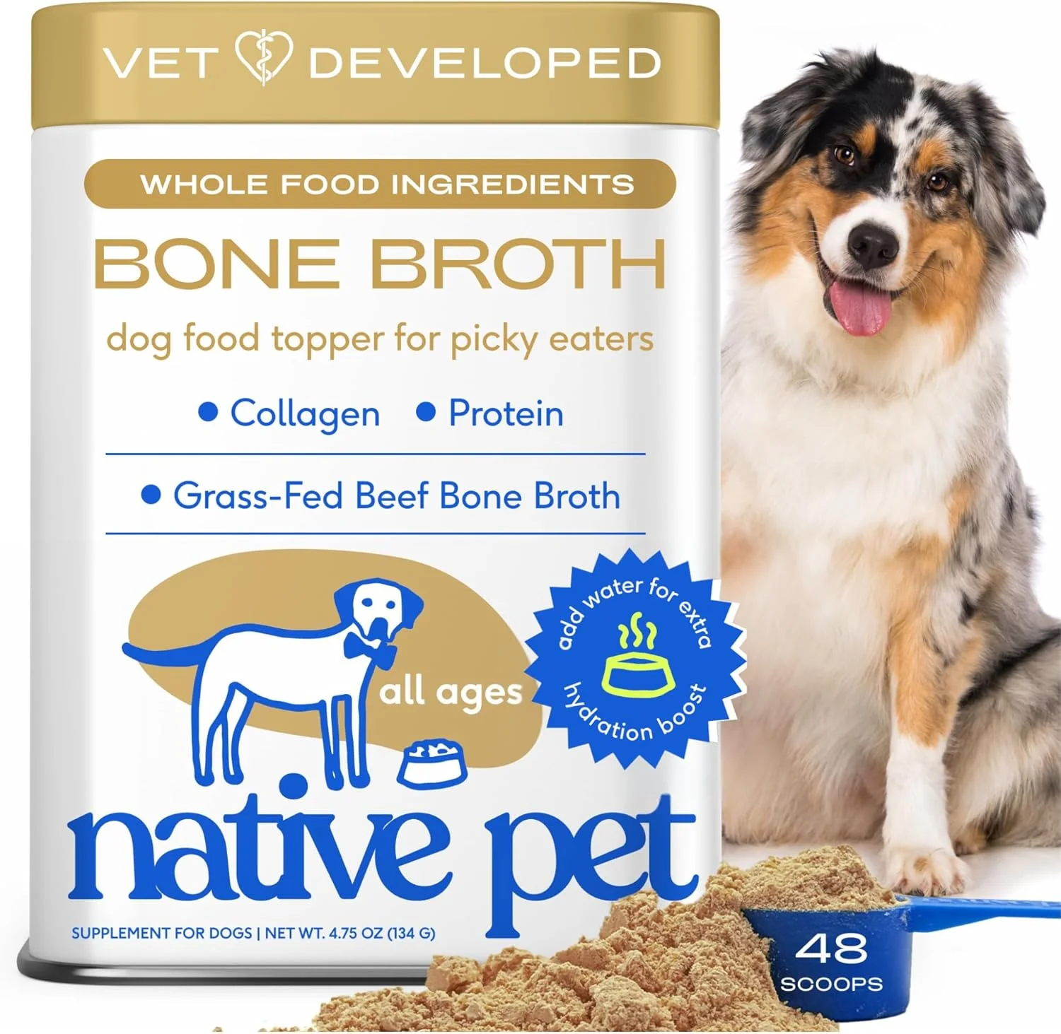 Versatile Native Pet Bone Broth for Dogs - Made with Beef Bone Broth Dog Food Toppers for Picky Eaters - Provides Extra Hydration Nutrition for Joint Strength Immunity Heart Health-48 Scoops Dependable