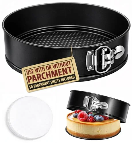 Excellent 8 Inch Non stick Springform Pan with 50 Pcs Parchment Paper Cheesecake Pan with Removable Bottom Baking Mold Round Leakproof Professional