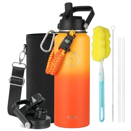 Reusable 40 oz Insulated Water Bottle with Paracord Handle Straw Spout Lids Excellent