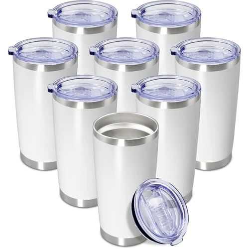 Durable 20oz Tumbler Insulated Coffee Tumblers with Lid Stainless Steel White 8P 8 Count Elite