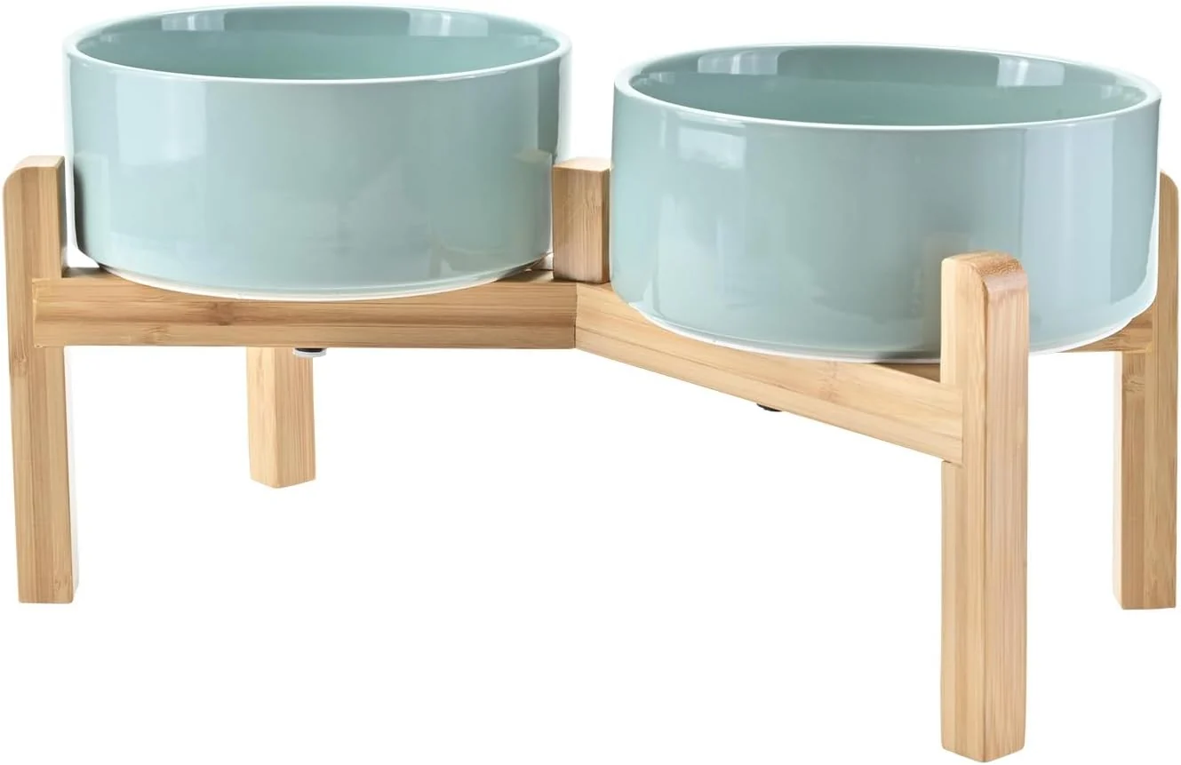 Eco-Friendly SPUNKYJUNKY d Dog Bowls Ceramic 7.3'' Dogs Food Water Bowls Raised with Non-Slip Bamboo Stand for Medium to Large Sized Breed Microwave Dishwasher Safe - 42 OZ Light Green Organic