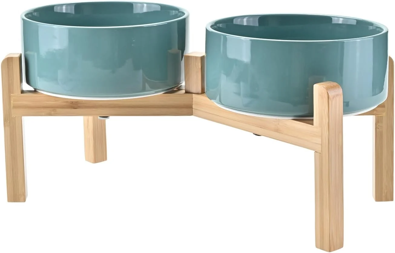 Organic SPUNKYJUNKY d Dog Bowls Ceramic 7.3'' Dogs Food Water Bowls Raised with Non-Slip Bamboo Stand for Medium to Large Sized Breed Microwave Dishwasher Safe - 42 OZ Dark Green Breathable