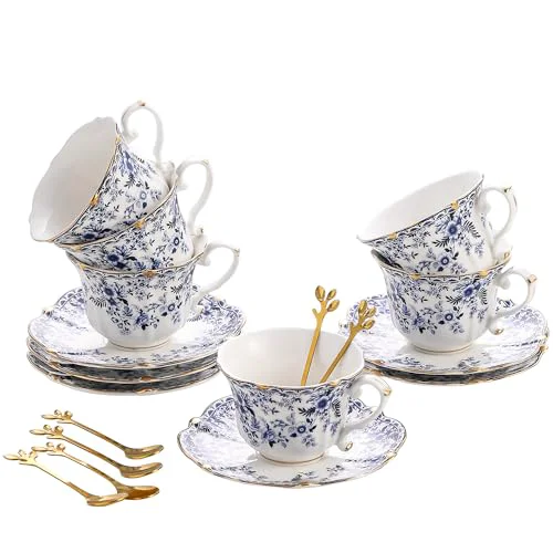 Consistent Country Roses Porcelain Tea Cup and Saucer Set with Gold Trim Pure