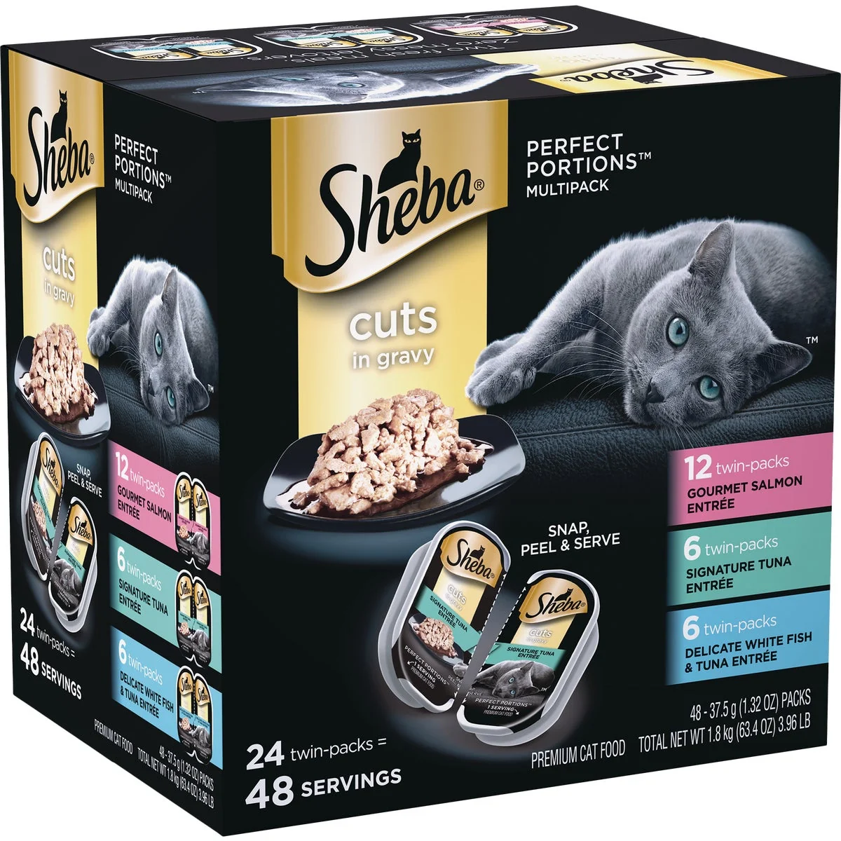 Elegant Sheba Portions Cuts in Gravy Gourmet Salmon Signature Tuna Whitefish Adult Wet Cat Food 24-Pack Luxury