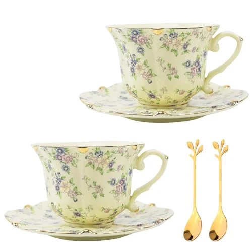 Specialty Country Roses Porcelain Tea Cup and Saucer Set with Gold Trim Green