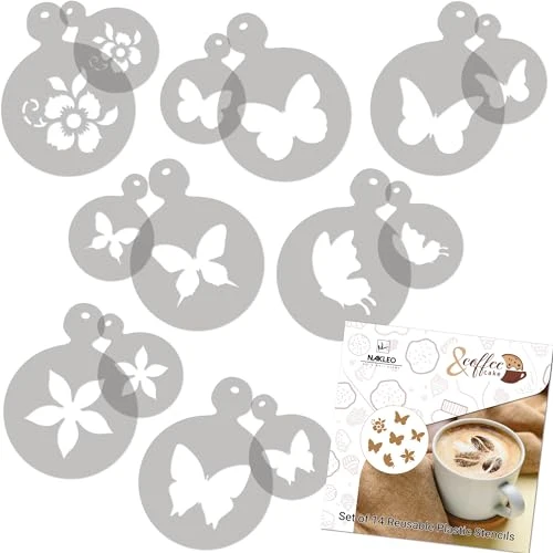 Reusable Coffee Stencils and Cookies Decoration 14Pcs 2.8 x2.8 and 4.3 x4.3 14 Count Detailed