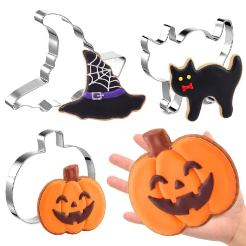 High-Grade 3 Pcs 7.5 Inch Large Halloween Cookie Cutters Set Extra Large Pumpkin Witch's Hat Cat Shapes Stainless Steel Metal Giant Cookie Cutters Molds for Halloween Day Baking Party Kitchen Accessory 3 Count Modern