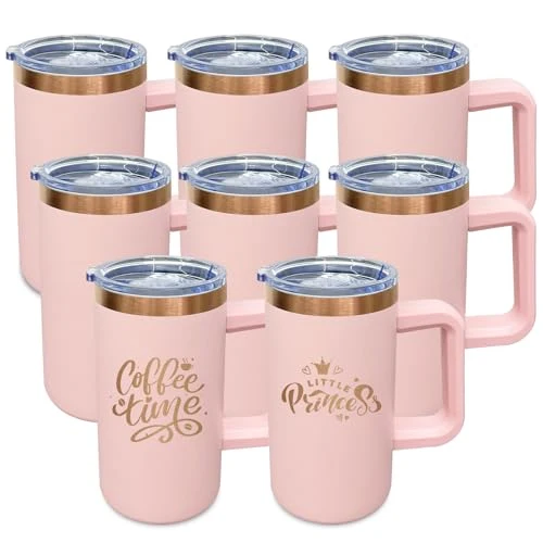 Fashionable 22oz Insulated Coffee Mug Bulk with Handle and Lid Pink 8 Count Enhanced