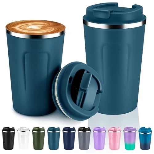 Recyclable 12 oz Double Wall Insulated Vacuum Travel Coffee Mugs with Flip Lid Bulk 2 Pack 2 Count Casual