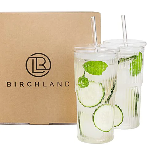 Powerful All Glass Iced Coffee Cup with Lid and Straw 2 Count Eco-Friendly