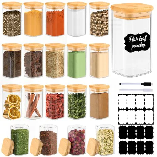 Fast 20 Pack 8 oz Square Glass Spice Jars with Lids and Labels 20 Count Professional