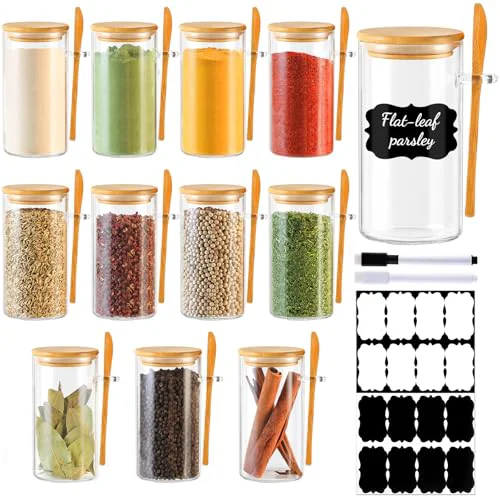 Minimalist 12 Pack 10 oz Round Glass Spice Jars with Lids and Spoons 12 Count Stylish