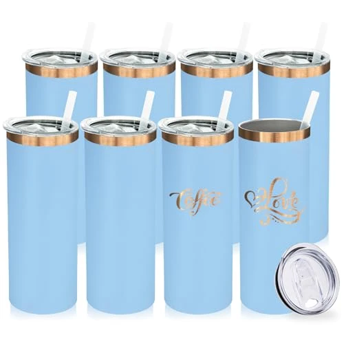 Elegant 20 oz Skinny Tumblers Bulk with Lids and Straws Sky Blue 8 Count Refined