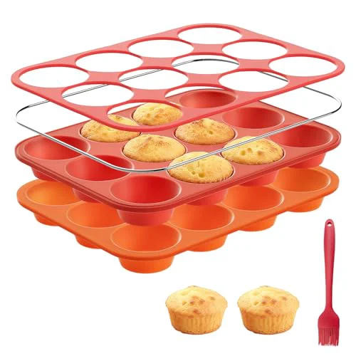 Comfortable Silicone Muffin Pan with Metal Reinforced Frame 3 Count Smooth
