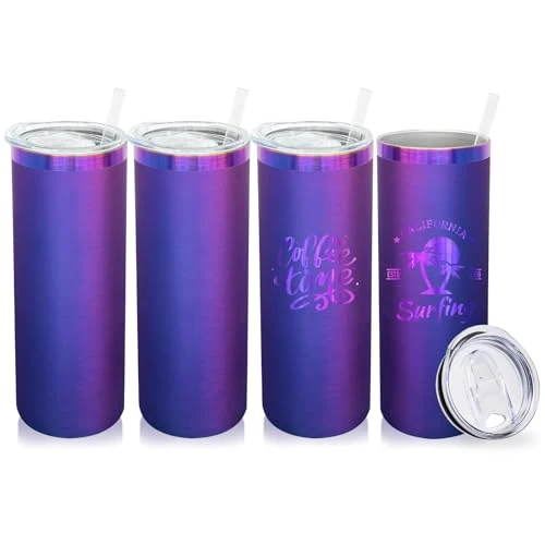 Organic 20 oz Skinny Tumblers Bulk with Lids and Straws Blue 4 Count High-End