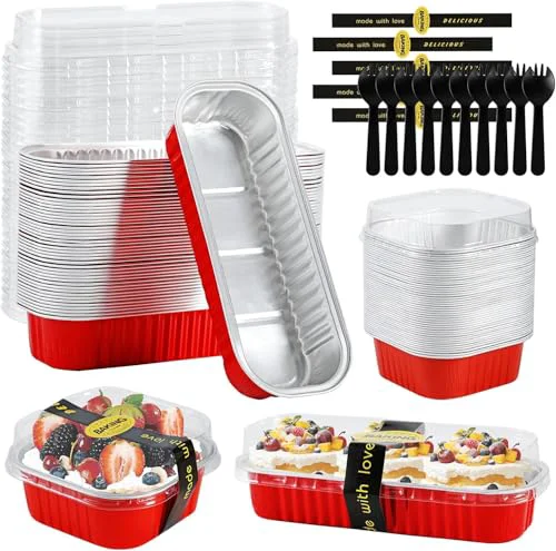 Environmentally Friendly 100PCS Red Mini Loaf Pan with Lids and Spoons 6.8oz Rectangular Aluminum Foil Bread Pan 10oz Square Cake Cup with Decal Disposable Baking Supply for Graduate Wedding Birthday 100 Count Minimalist
