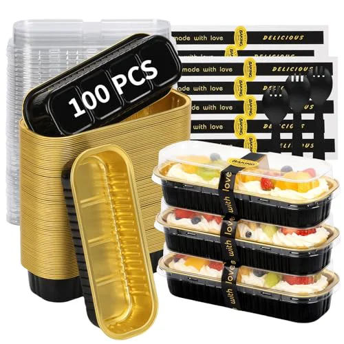 Versatile 100 Pack 6.8 oz Rectangular Mini Loaf Pans with Lids and Spoons 30 Count Original