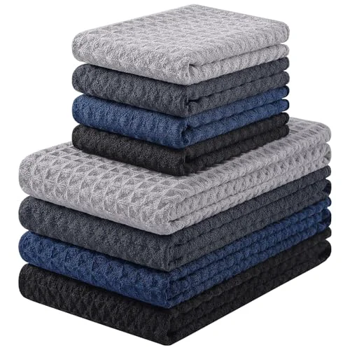 World-Class Microfiber Waffle Weave Kitchen Towels Set 8 Count Environmentally Friendly