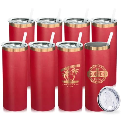 Outstanding 20 oz Skinny Tumblers Bulk with Lids and Straws Bright Red 8 Count Clean