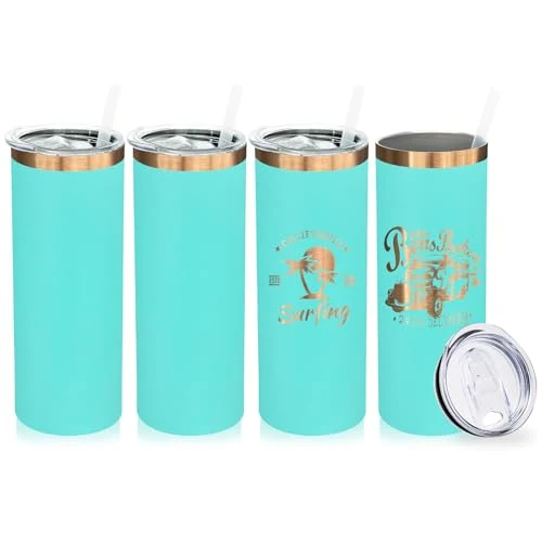 Functional 20 oz Skinny Tumblers Bulk with Lids and Straws Mint Green 4 Count Elite