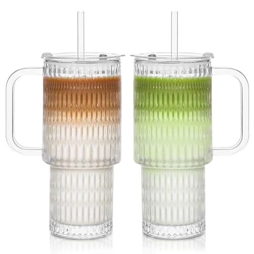 Solid 24 oz Raindrop Glass Tumbler with Handle and Lid Superior