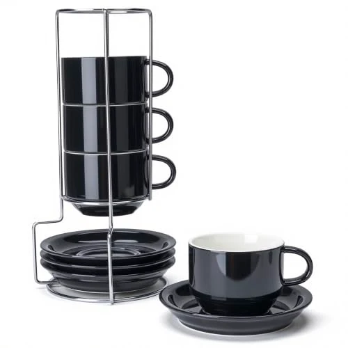 Premium Material 8 Ounce Stackable Cappuccino Cups with Saucers and Metal Stand 4 Count Traditional