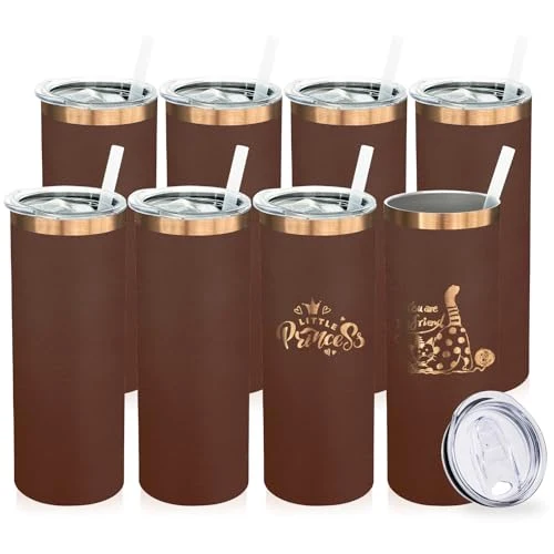 World-Class 20 oz Skinny Tumblers Bulk with Lids and Straws Brown 8 Count Long-Lasting