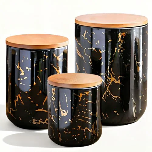 Lightweight Black Marble Ceramic Canister with Bamboo Lid 3 Count Artisan