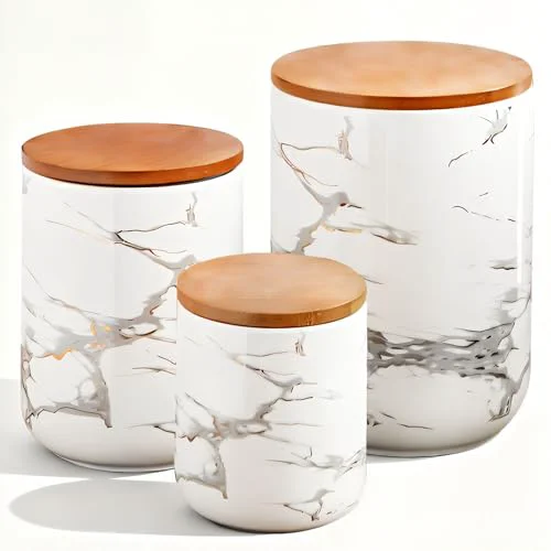 Classic White Marble Ceramic Canister with Bamboo Lid 3 Count Fashionable