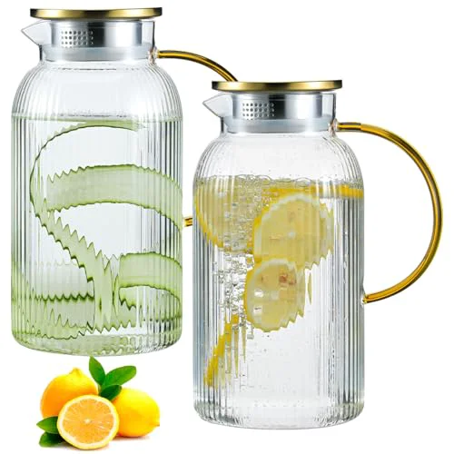 Original Design Glass Pitcher with Lid 2 Pack 68 oz Vertical Stripes Water Pitcher 2 Count Original