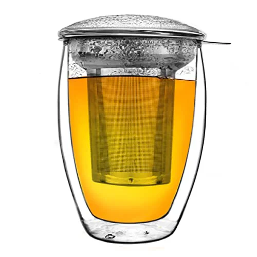 Innovative Double Walled Tea Glass with Stainless Steel Filter and Glass Lid Reliable