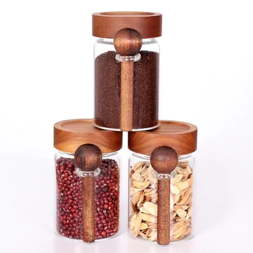 Unique Glass Jar with Acacia Screw Lid and Spoon 3 Count Traditional
