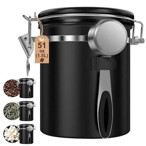 Detailed 3PCS Coffee Storage Canister 1.5L 51OZ Double Airtight Coffee Beans Container with Date Locator 304 Stainless Steel Kitchen Food Storage Container with Spoon for Tea Sugar 3 Count Advanced