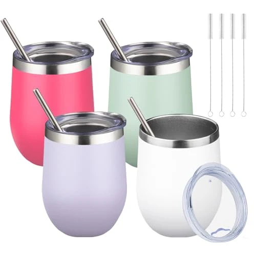 High-Grade 12oz 4 Pack Wine Tumbler Glasses with Lid Stemless Double Wall Vacuum Stainless Steel Travel Tumbler Keeping Cold Hot for Wine 4 Count Dependable