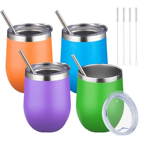 Fine 12oz 4 Pack Wine Tumbler Glasses with Lid Stemless Double Wall Vacuum Stainless Steel Travel Tumbler Keeping Cold Hot for Wine 4 Count Soft