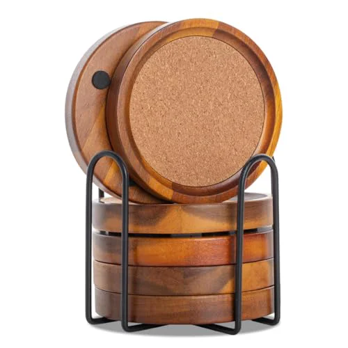 Sustainable Acacia Wood Cork Coasters with Holder 6 Count Relaxed