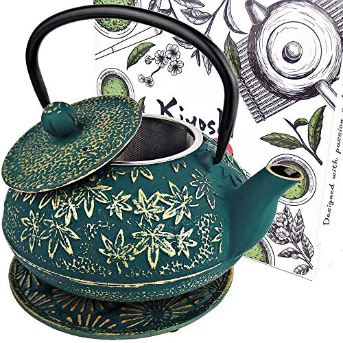 Traditional 40 Oz Green Maple Leaf Cast Iron Teapot Responsible