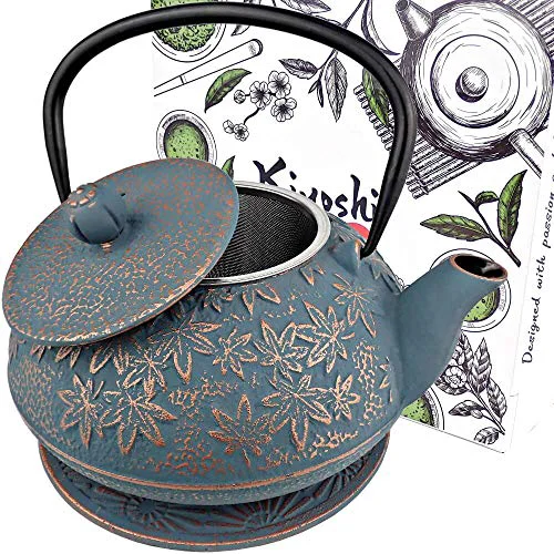 Fine Crafted 40 Oz Blue Maple Leaf Cast Iron Teapot Long-Lasting
