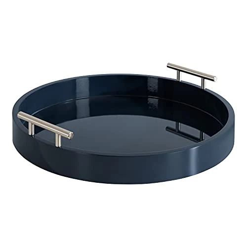 Environmentally Friendly Lipton Modern Round Tray 15.5 Diameter Navy and Silver Decorative Accent Tray for Storage and Display Top-Quality