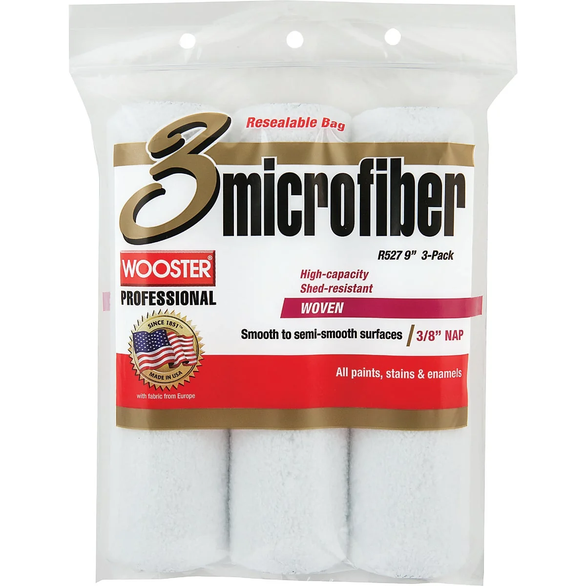 First-Class Wooster 9 In. x 3 8 In. Microfiber Roller Cover 3-Pack Smooth