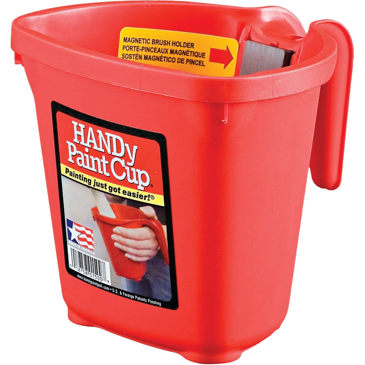 Minimalist HANDy Paint Cup 1 Pt. Red Painter's Bucket with Hand Rest and Magnetic Brush Holder Reusable
