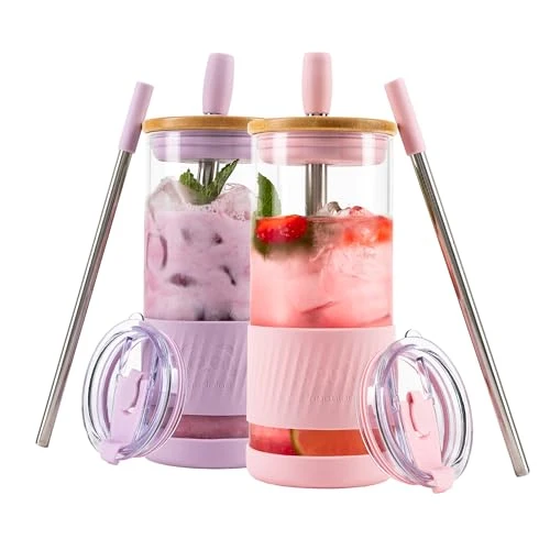 Clean Glass Cups With Lids and Straws 2 Count Verified