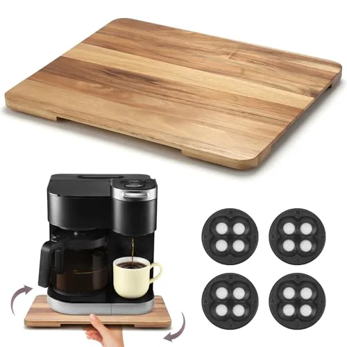 Proven 360°Rolling Tray Acacia Wood Kitchen Appliance Slider for Coffee Maker Pot Smart