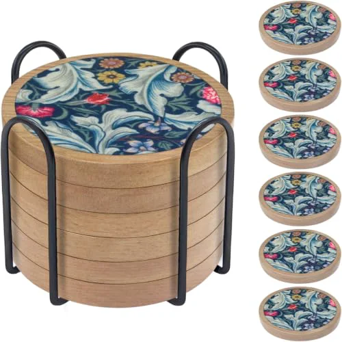 Consistent 6 Pack Absorbent Coasters Set with Holder Wood Coasters for Drinks Housewarming Gifts for Home Decoration Cup Coasters for Coffee Tabletop Protection 4.3 Inch Luxury