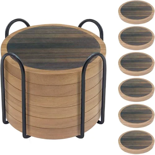 High-Performance 6 Pack Absorbent Coasters Set with Holder Wood Coasters for Drinks Housewarming Gifts for Home Decoration Cup Coasters for Coffee Tabletop Protection 4.3 Inch Classic