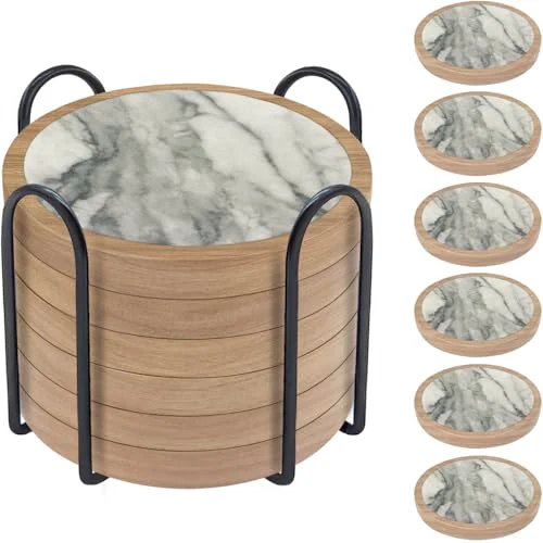 Unique 6 Pack Absorbent Coasters Set with Holder Wood Coasters for Drinks Housewarming Gifts for Home Decoration Cup Coasters for Coffee Tabletop Protection 4.3 Inch Carefully Designed