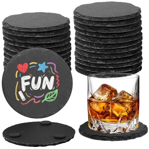 High-Grade 24 PCS Black Natural Slate Coasters Bulk Set 4 Inch Laser Engraving Blanks with Anti Scratch Bottoms for Home 24 Count Green